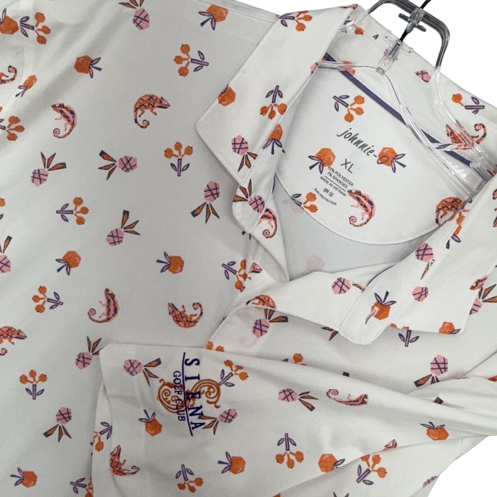 Johnnie-O Shirt Mens XL White Orange Print Short Sleeve Button Up Golf UPF Top